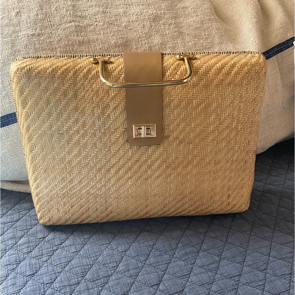 Vintage caramel color brown woven purse with gold metal handle, velvet inside.